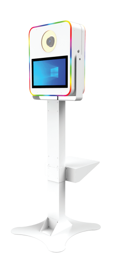 White DSLR photo booth with RGB light frame and touch screen